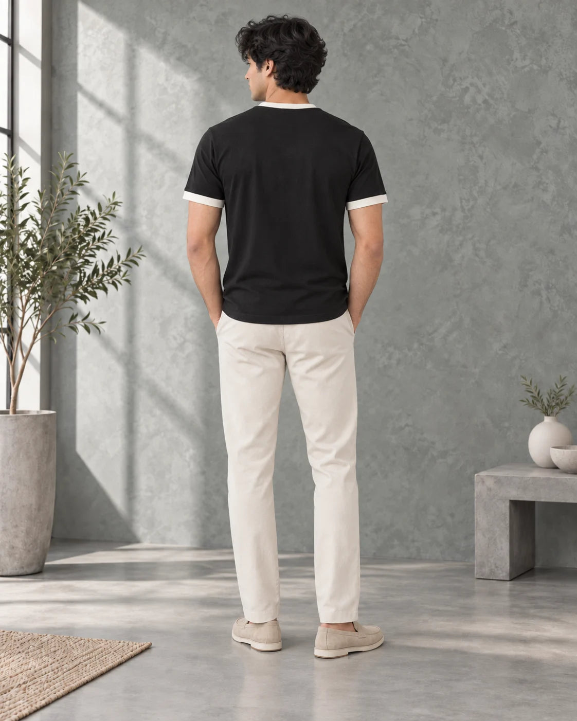 Black Mercerised Crew Neck Contrast Rib