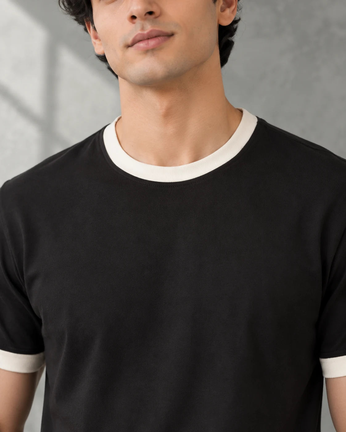 Black Mercerised Crew Neck Contrast Rib