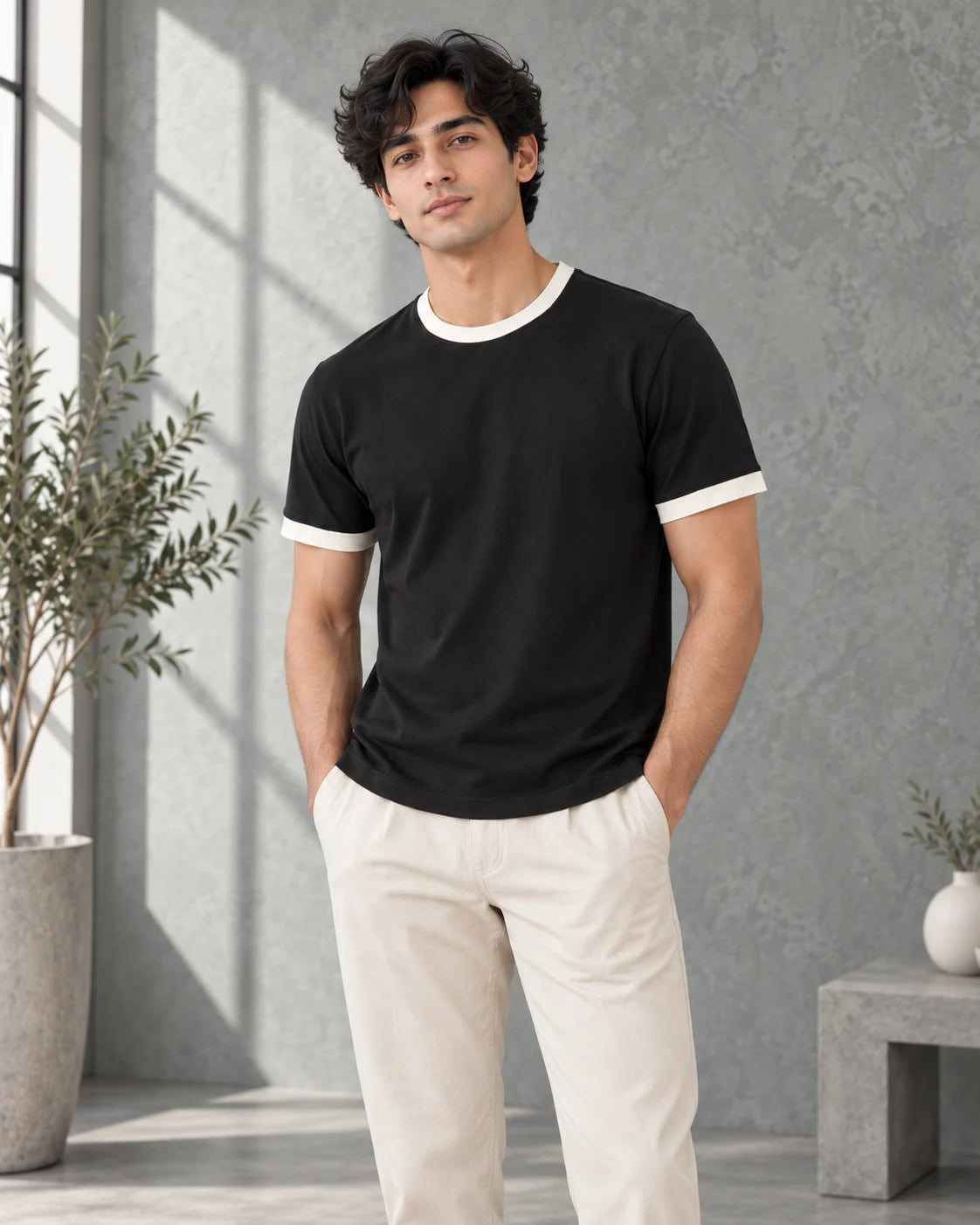 Black Mercerised Crew Neck Contrast Rib