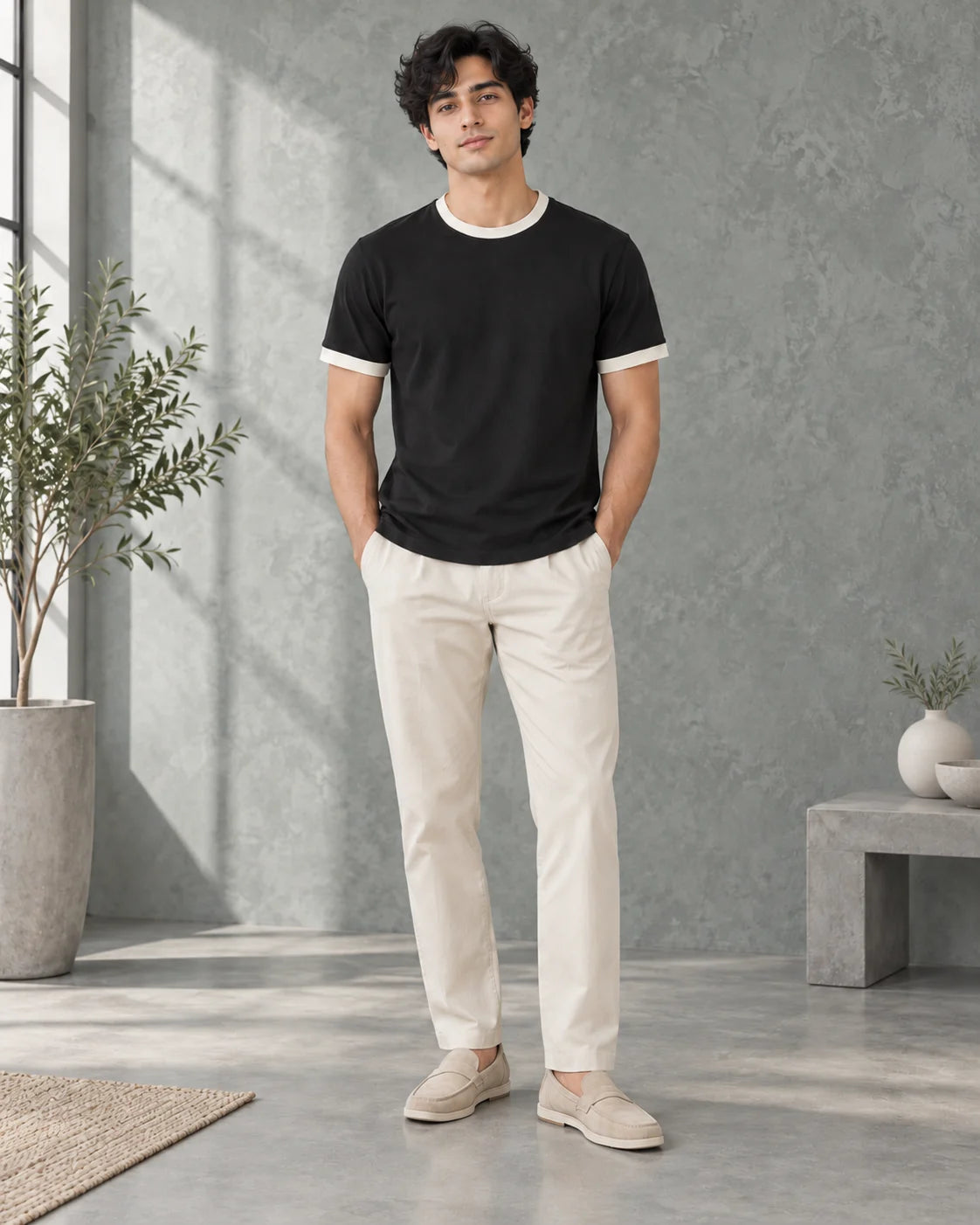 Black Mercerised Crew Neck Contrast Rib
