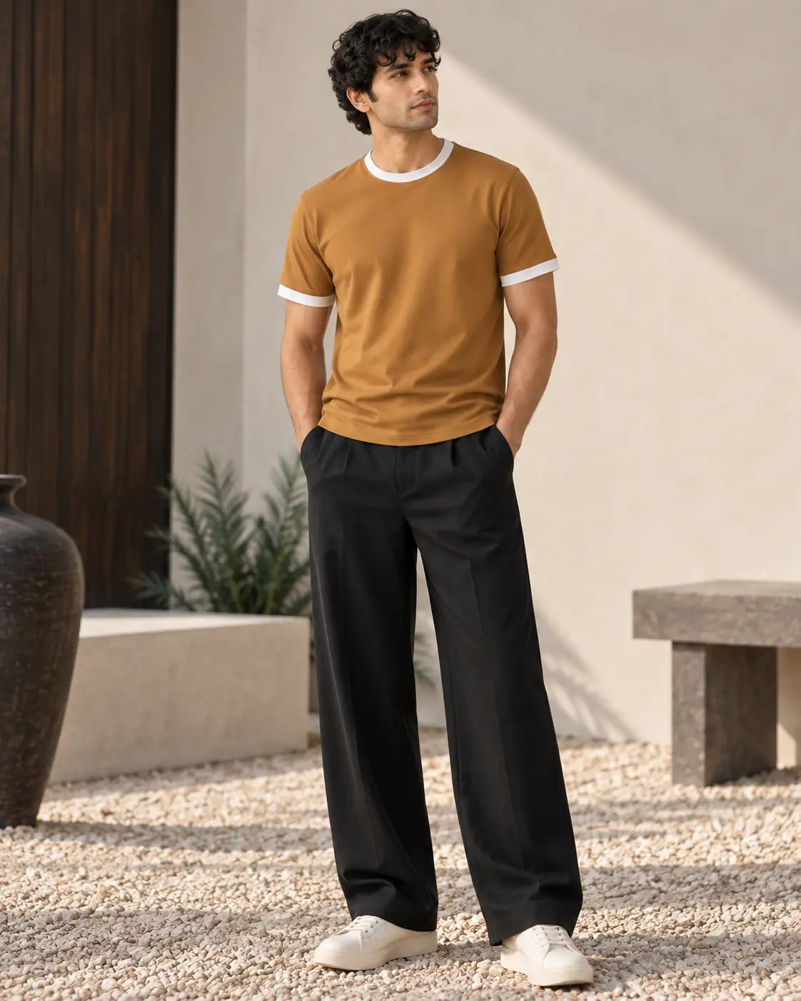 Burnt Ochre Mercerised Crew Neck Contrast Rib