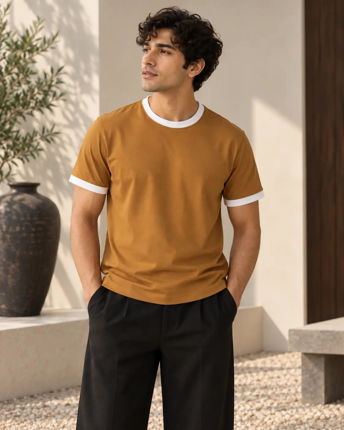 Burnt Ochre Mercerised Crew Neck Contrast Rib