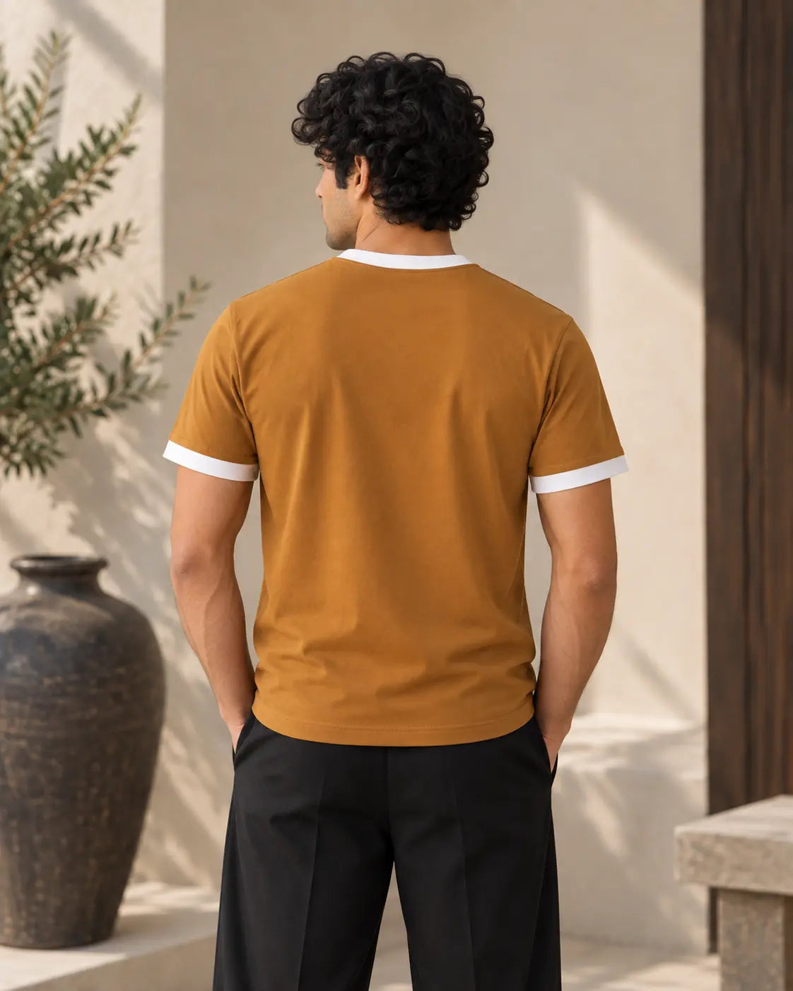 Burnt Ochre Mercerised Crew Neck Contrast Rib