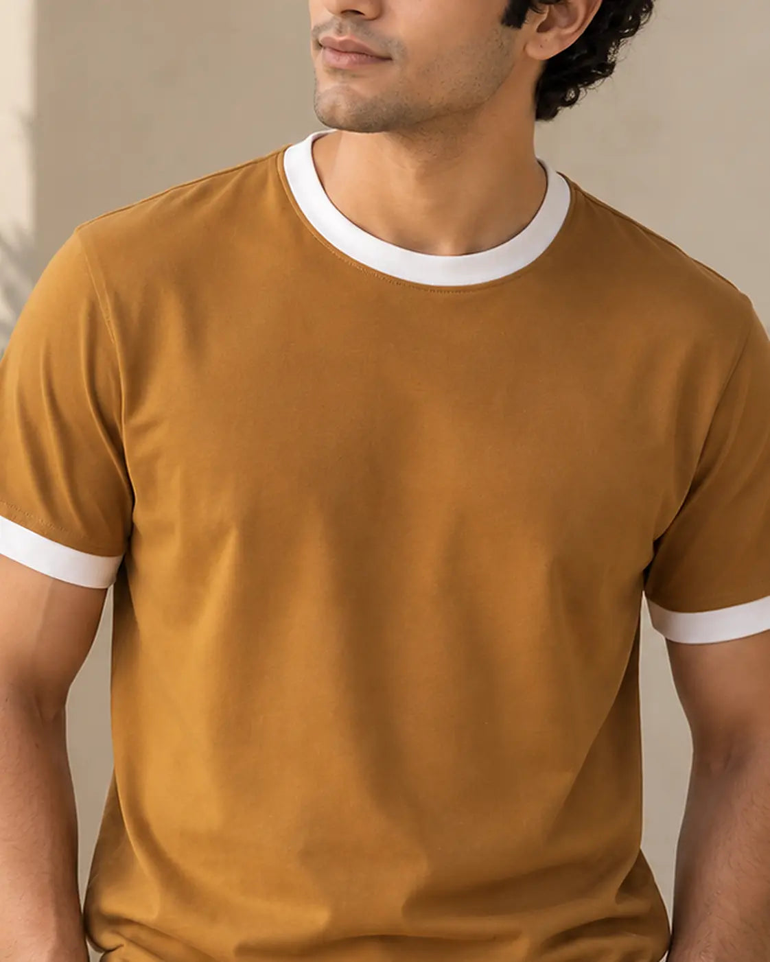 Burnt Ochre Mercerised Crew Neck Contrast Rib