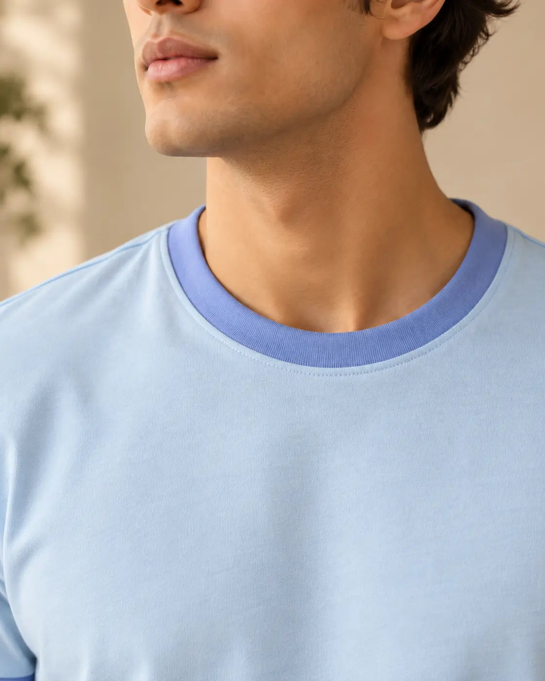Light Sky Blue Mercerised Crew Neck Contrast Rib