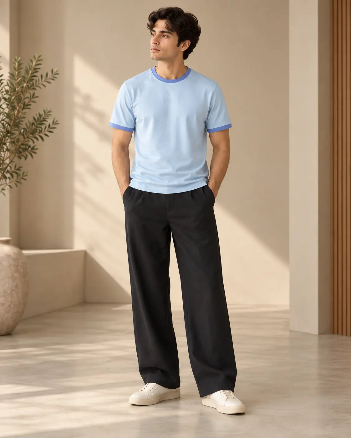 Light Sky Blue Mercerised Crew Neck Contrast Rib