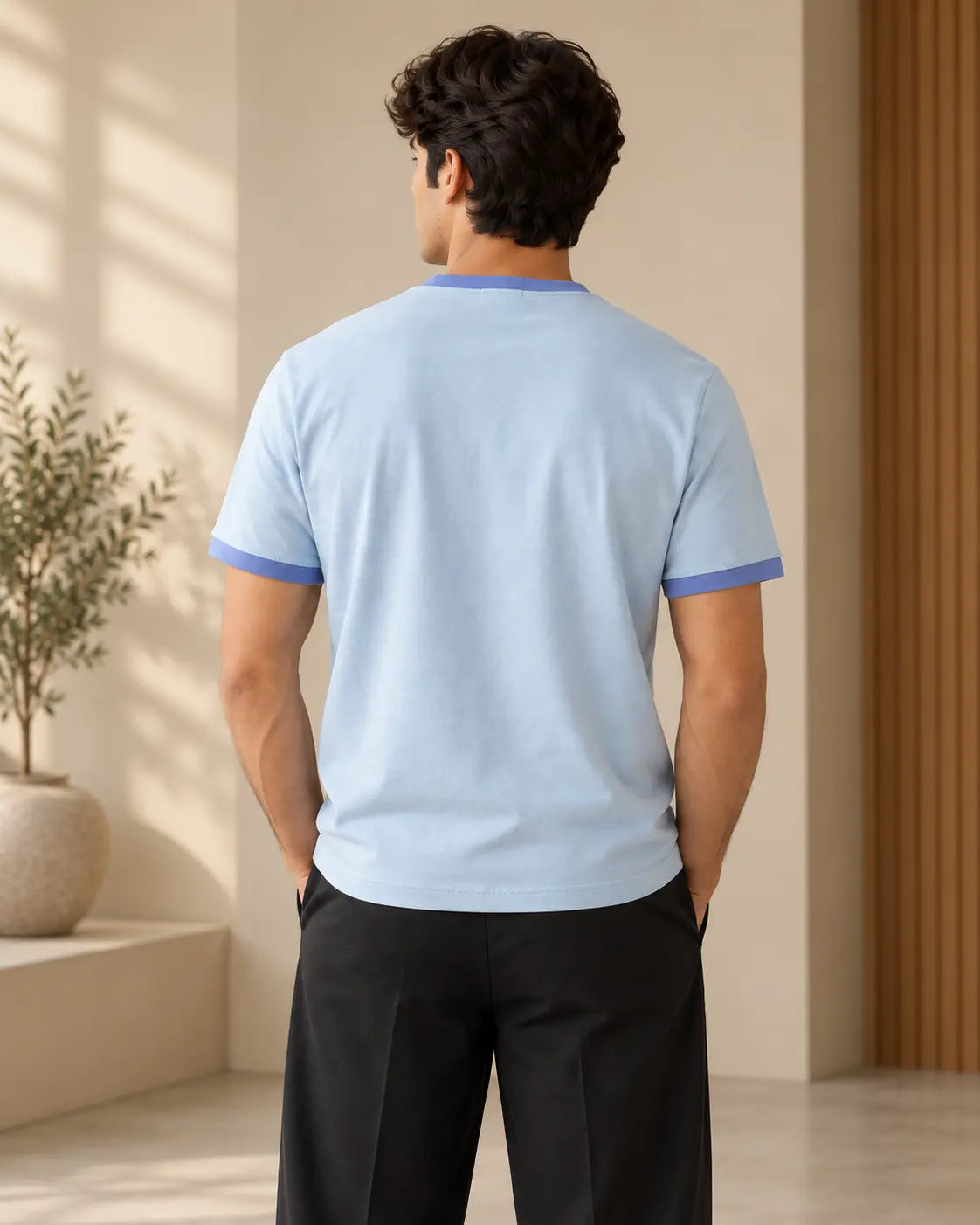 Light Sky Blue Mercerised Crew Neck Contrast Rib