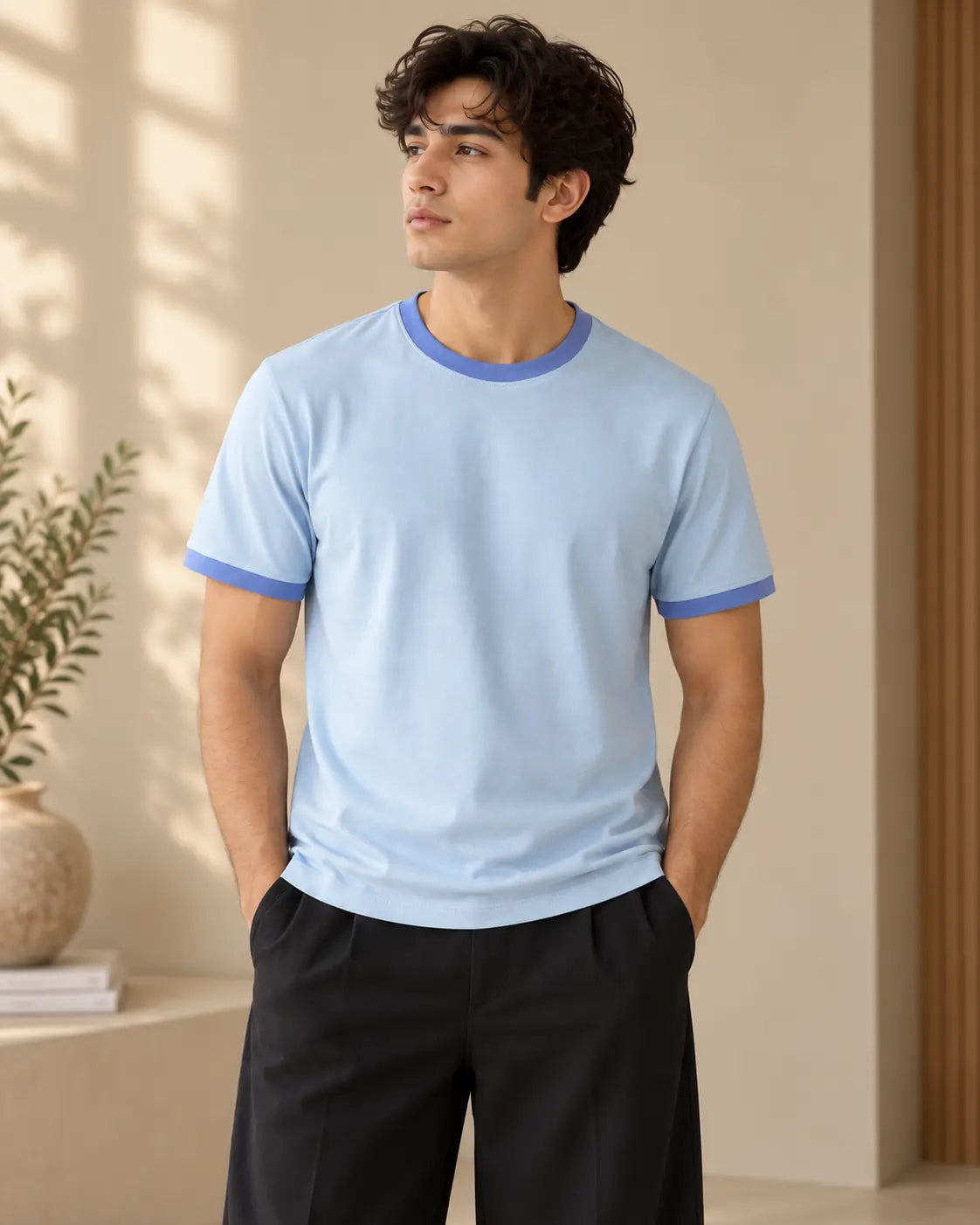 Light Sky Blue Mercerised Crew Neck Contrast Rib