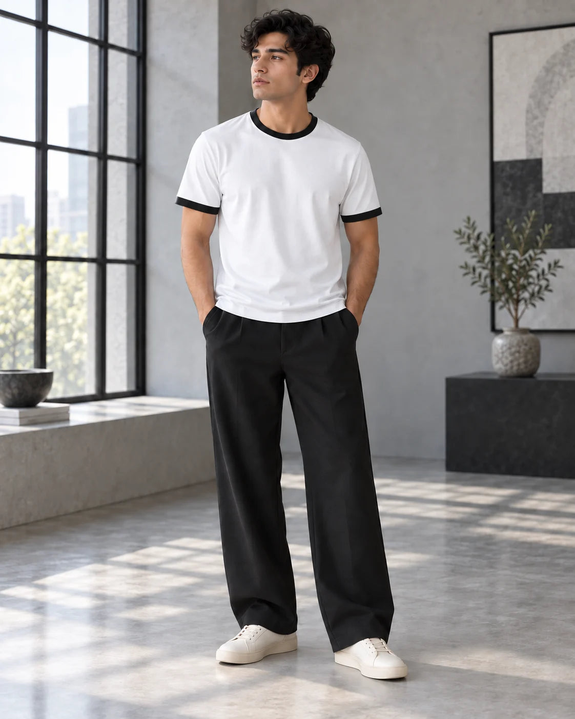 White Mercerised Crew Neck Contrast Rib