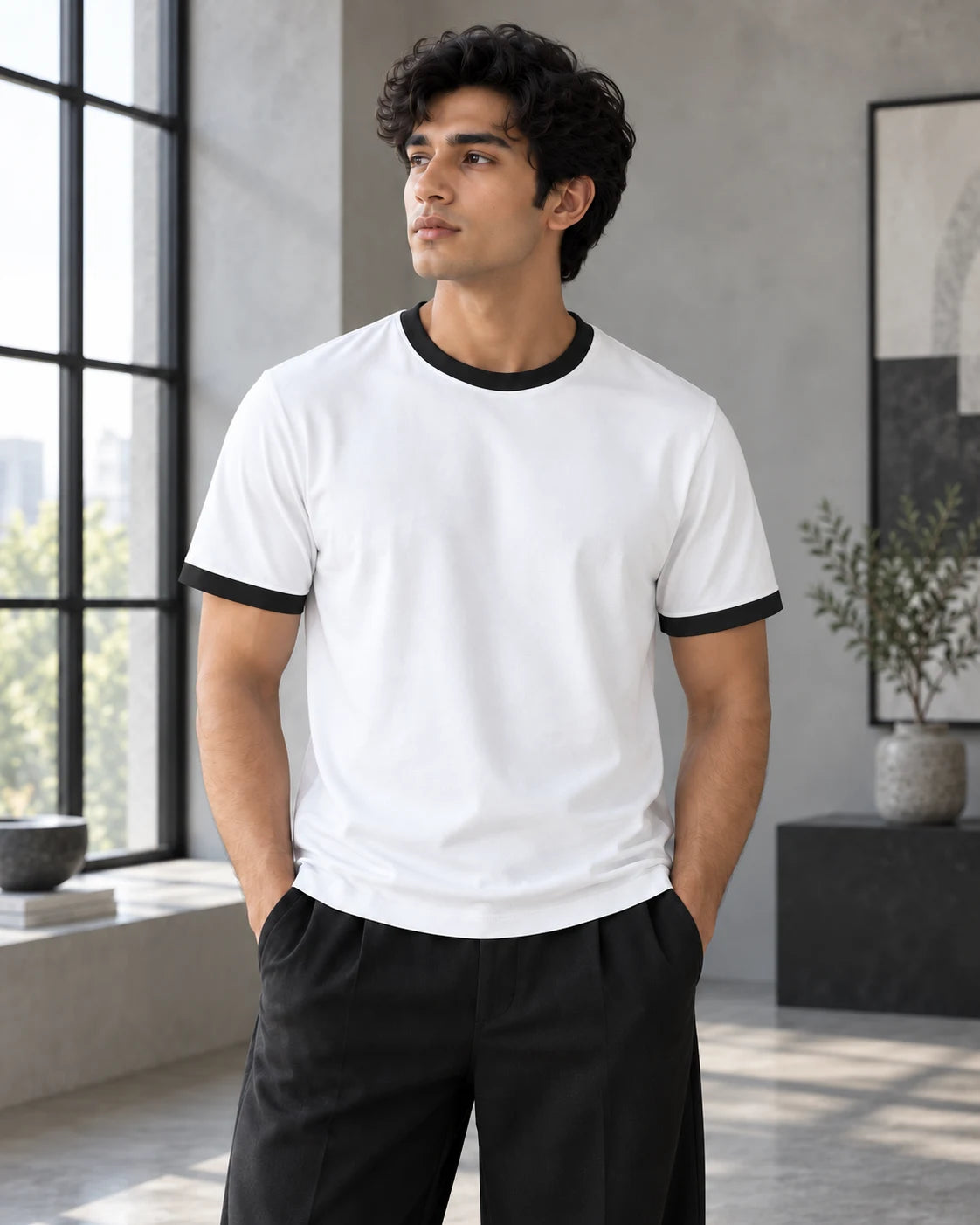 White Mercerised Crew Neck Contrast Rib