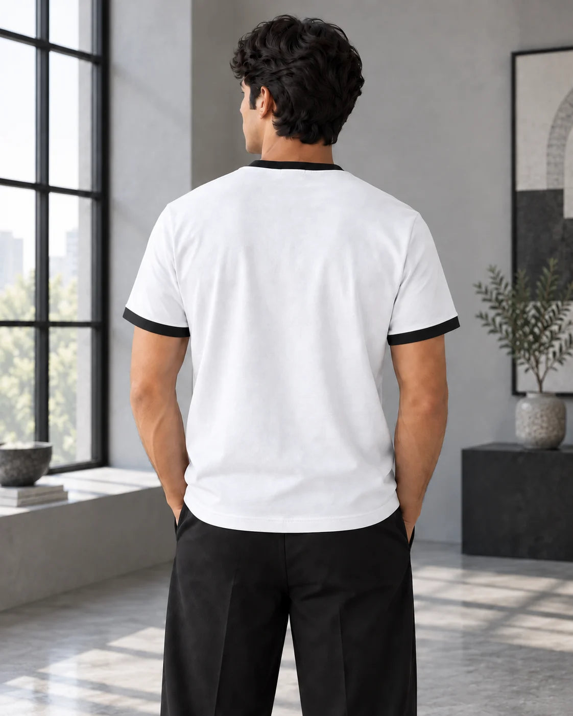 White Mercerised Crew Neck Contrast Rib